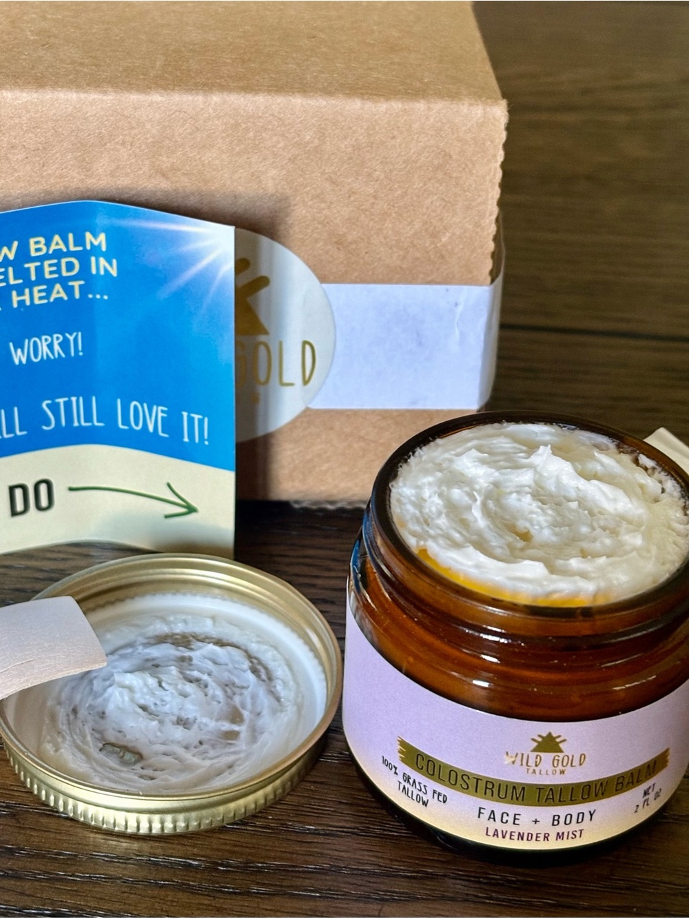 Hand made in US 100% grass fed beef tallow with emu oil for face and body.